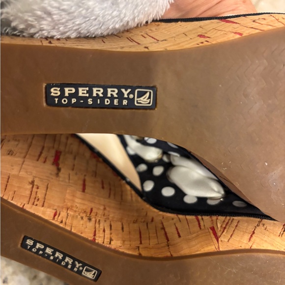 Sperry Polka Dot Bow Open Toe Cork Heel Wedge - Picture 15 of 16